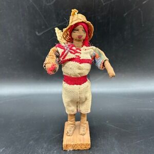 Vtg Guatemalan Folk Art Doll Figurine Textile Straw Hat Backpack Cloth Wood